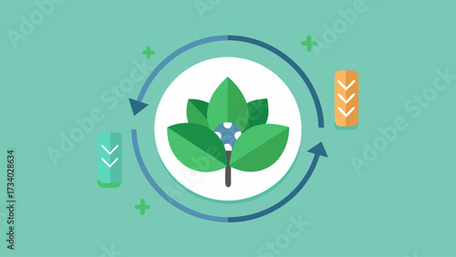 A green leafy plant with a green background. The leafy plant is surrounded by arrows and is placed in the center of the image