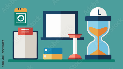 A blue background with a white clock on the right. A laptop is on the left side of the image. A desk calendar is on the left side of the image
