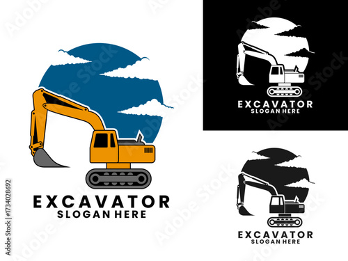 Heavy equipment excavator with bright cloudy atmosphere construction logo design vector template.