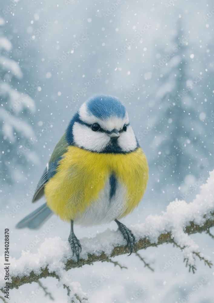 Naklejka premium Colorful bird in snowy forest.