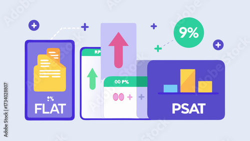 A blue and white image with a phone and a tablet with a green arrow pointing up. The phone and tablet are labeled Flat and PSA