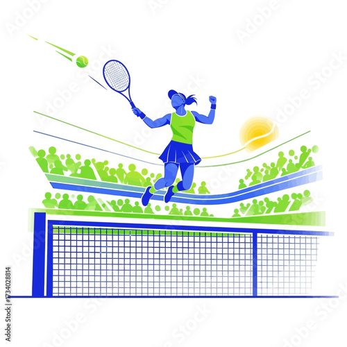 Illustration of a female tennis player jumping in celebration after hitting a ball during a match.