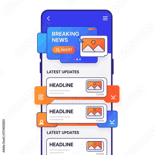 Mobile news app interface with breaking news alerts and latest updates.