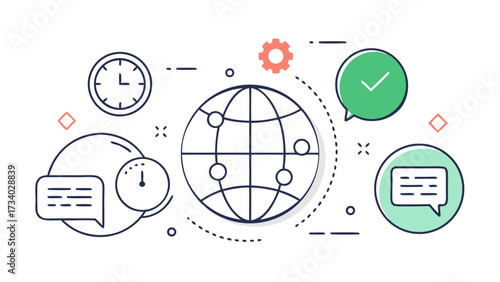 A graphic of a globe with a clock and a green check mark. The clock is on the left side of the globe