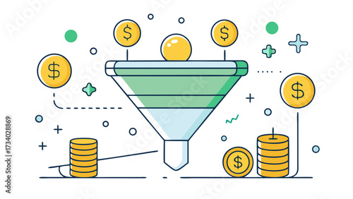 A funnel with a bunch of coins in it. The coins are in different sizes and colors. The image is of a financial concept