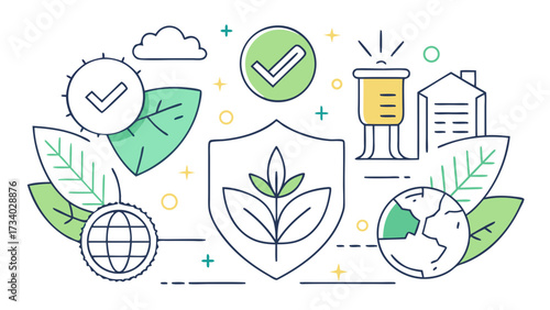 A green leafy plant is protected by a shield, which is also green. The shield is positioned around the plant, creating a sense of security and protection. In the background, there is a blue globe