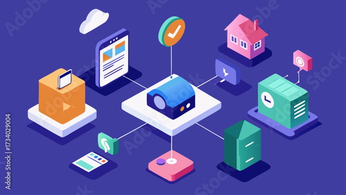 A blue background with a lot of different icons and boxes. The icons are all different shapes and sizes and are scattered all over the background. Scene is busy and chaotic, with a lot of information