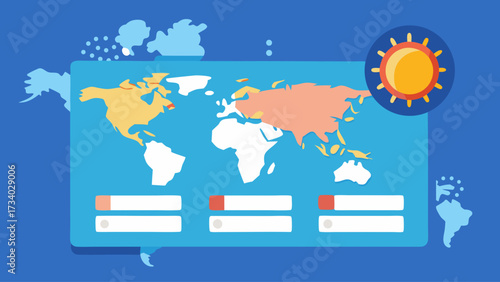 A blue background with a map of the world and a sun in the top right corner. The map is divided into three sections, each with a different color