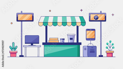 A cartoon drawing of a store with a green awning and a sign that says "Parking" in the background. The store has a counter with a computer and a TV on it. There are also two potted plants
