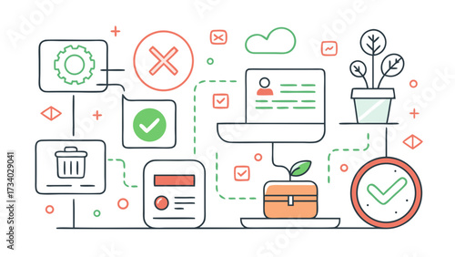 A graphic of a computer screen with a green check mark and a red X. The graphic also includes a clock, a laptop, a plant, and a trash can. Scene is one of productivity and organization