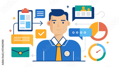 A man is smiling and wearing a blue shirt and tie. He is surrounded by various icons and symbols, including a clock, a smiley face, and a check mark. Concept of productivity and positivity