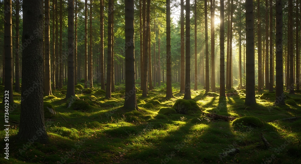 Obraz premium Sunlight streams through forest trees creating a tranquil woodland scene