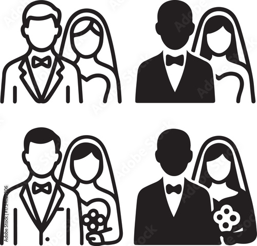 Bride and groom vector icons, black wedding couple symbols, isolated editable design, minimal marriage icons, modern bride and groom illustration, flat bold shapes, celebration buyer focused