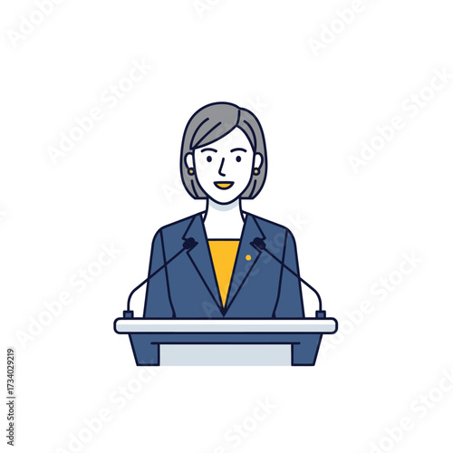 Illustration of a smiling woman with short grey hair in a blue suit speaking at a podium with microphones.