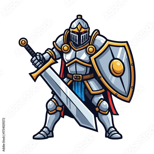 Cartoon knight in shining armor holding a sword and shield.