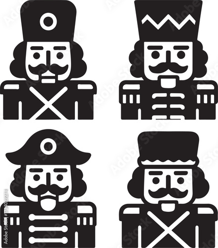 Nutcracker soldier vector icons, black christmas symbols, isolated editable design, minimal holiday icons, modern nutcracker illustration, flat bold shapes, festive buyer focused