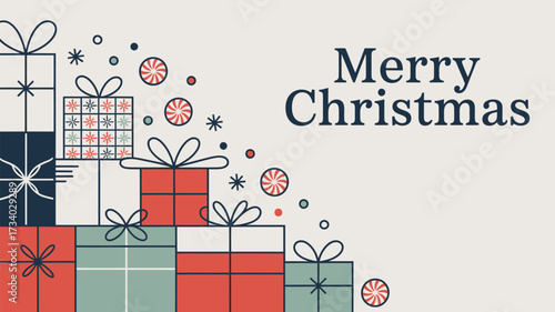 A festive christmas design featuring stacked gifts and holiday candies with merry christmas text above