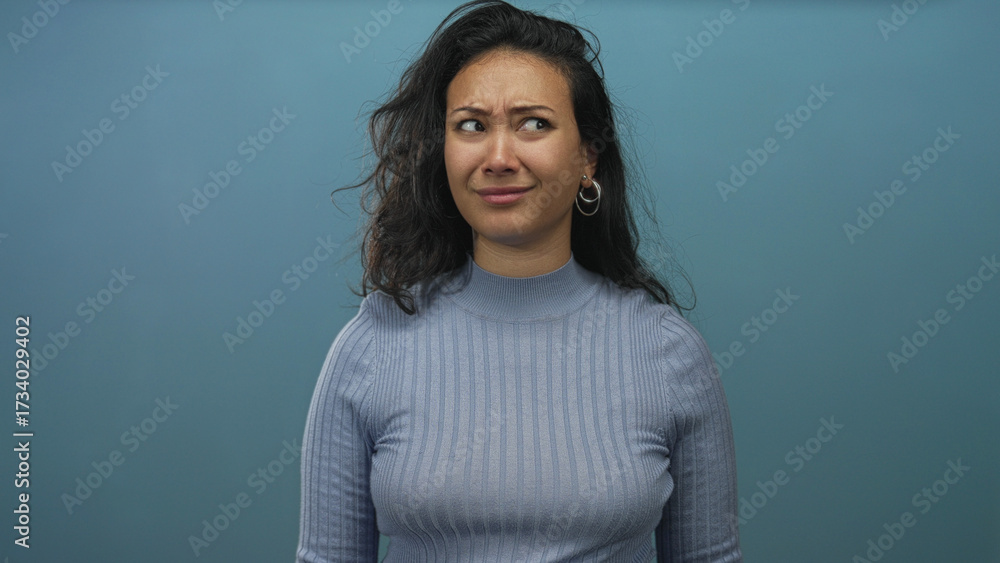 Obraz premium Woman points finger to temple in blue studio with puzzled expression and raised eyebrow; confusion thinking doubt.