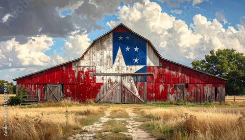 Rustic barn adorned with Texas flag