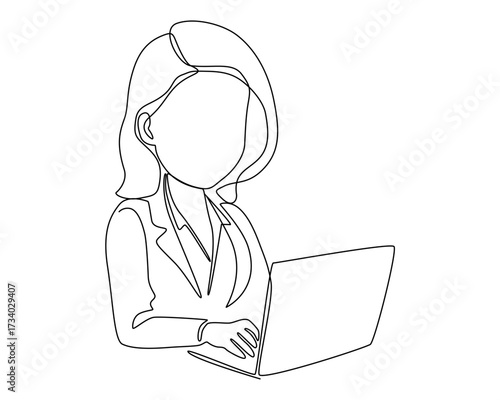 Woman with laptop computer in one continuous line drawing. Symbol of businesswoman and female student.vector illustration eps10