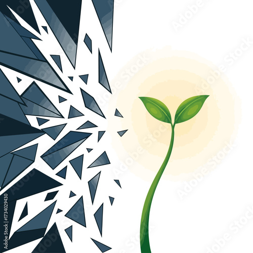 A young green sprout emerges from a dark, shattered background, symbolizing growth and renewal.