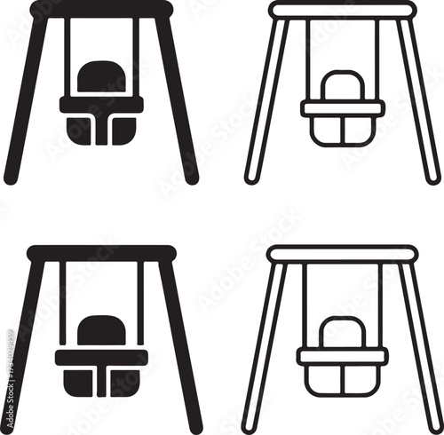 Baby swing set vector icons, black childcare symbols, isolated editable design, minimal toy icons, modern baby swing illustration, flat bold shapes, parenting buyer focused