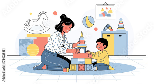 Illustration of a woman and a child playing with building blocks in a playroom scene