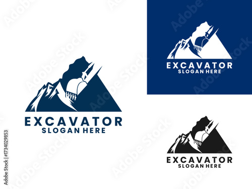 Mountain Excavator logo design vector. Mine logo design vector. Hydraulic excavator with mountains silhouette logo design vector template