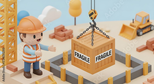 cute construction worker overseeing fragile box delivery