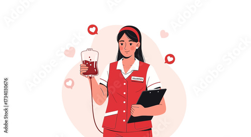 Illustration of a young woman volunteering at a blood donation drive showcasing selfless