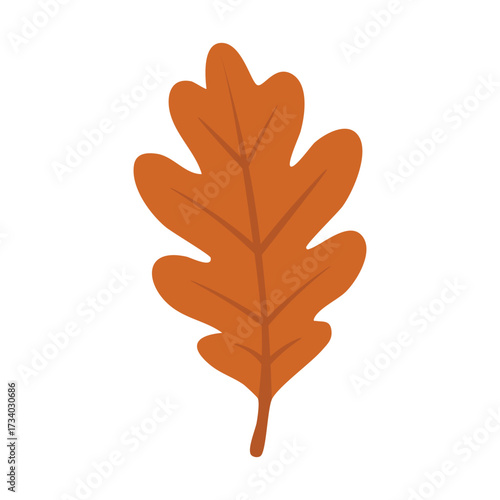 Orange oak leaf in simple flat style, seasonal autumn foliage, isolated illustration on white background.
