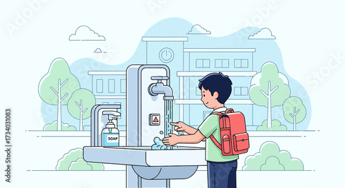 Illustration of schoolboy washing hands at outdoor sink for hygiene promotion illustration