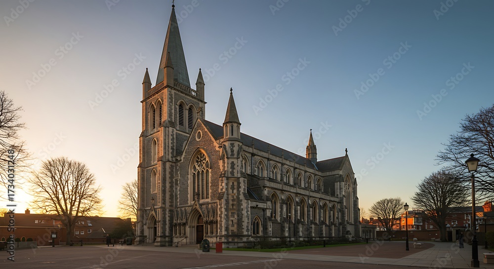 Fototapeta premium Architectural view of a historic cathedral with a tall steeple at sunset