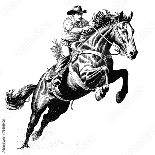 Dynamic Rodeo Action Cowboy and Bucking Horse Illustration