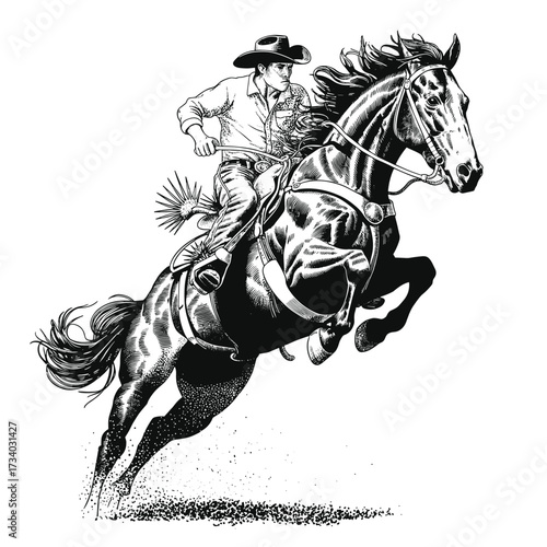Dynamic Rodeo Action Cowboy and Bucking Horse Illustration