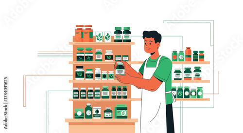 Illustration showcasing a pharmacist inspecting herbal supplements on a store shelf in flat design
