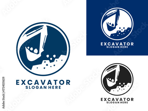 Excavator with circle and Rock logo design vector template. Excavator logo symbol