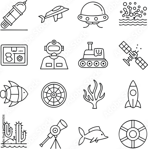Explore Space Adventures Await with this Fun Collection of Icons! Perfect for Games, Apps, and Education with Rocket, Astronaut, UFO and more