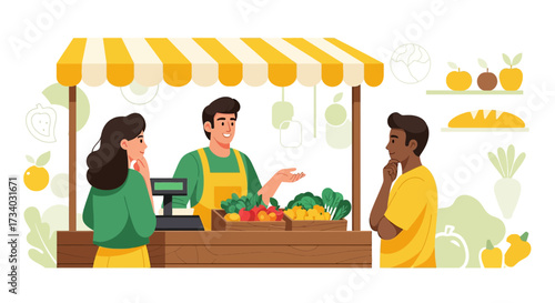 Illustration showcasing a vibrant farmers market scene with customers and vendor displaying fresh
