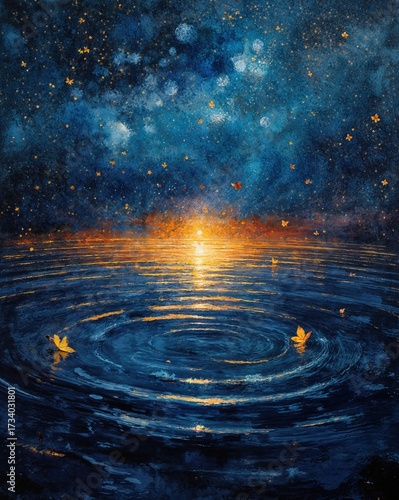 Dreamlike starry sky reflecting in tranquil ocean waters