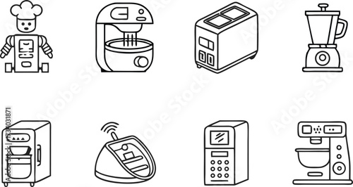 Modern kitchen appliance icons collection, clean line art illustrations perfect for cookbooks, recipes, or home design, scalable vector graphics