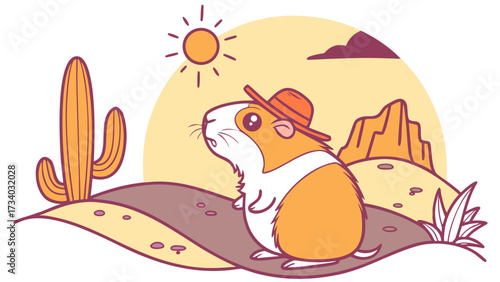 Surprised expression on a Guinea pig in a Desert sunset theme, with sitting on a moon – Sundown Glow vector art