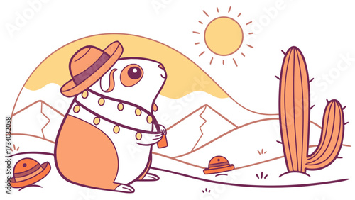 Curious Guinea pig with wrapped in fairy lights, set in a charming Desert sunset theme – Sundown Glow color vector art