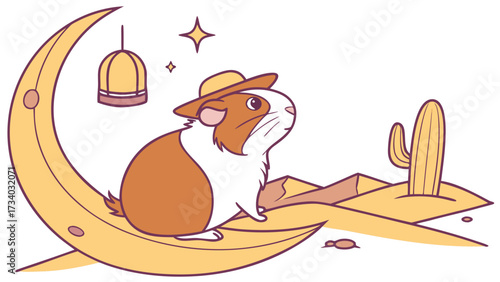 Vector illustration of a Shy Guinea pig with sitting on a moon, styled in a Desert sunset theme using Sundown Glow colors