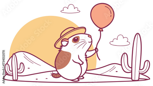 Whimsical Guinea pig feeling Silly in a Desert sunset setting with with a balloon – colored in Sundown Glow