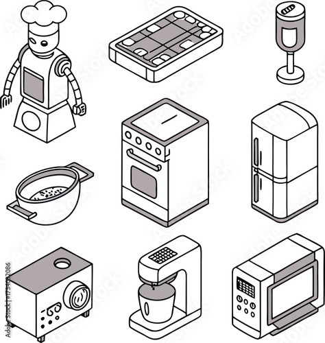 Delightful isometric kitchen appliance set for modern home decor, restaurant menus, recipe blogs, and culinary designs with a cute robot chef character