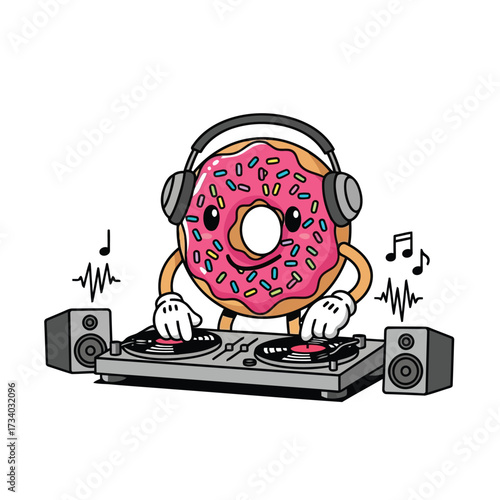 Vector illustration of a cartoon donut with pink frosting and sprinkles, wearing headphones, djing at a turntable with speakers