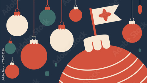 Festive holiday ornaments hanging with a flag topper on a dark blue background for christmas season decor