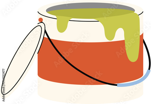 isolated opened paint can with green paint, handle paint bucket for home, painter equipment, DIY paint can for house renovation illustration 