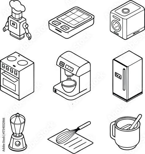Delightful kitchen appliance collection for culinary creativity, perfect for recipe books, restaurant designs, and modern home decor projects